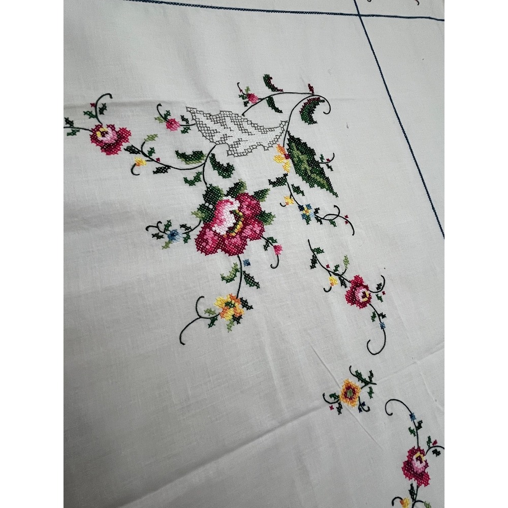 Vintage Hand Embroidered Cross Stitch Floral Tablecloth White Square 48x50 - Picture 4 of 10